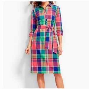 Talbots Madras Plaid Belted Long Sleeve Shirt Midi Dress- size 10